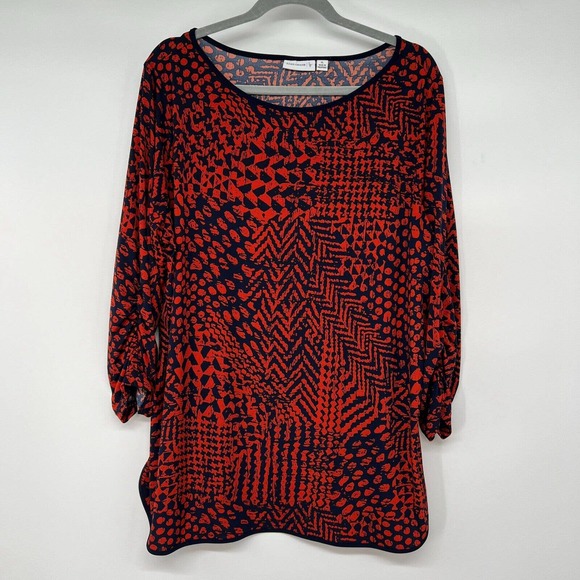 SUSAN GRAVER Tops Womens XL Red Navy Blue Geometric Print Ruched Vented Stretch - Picture 1 of 9